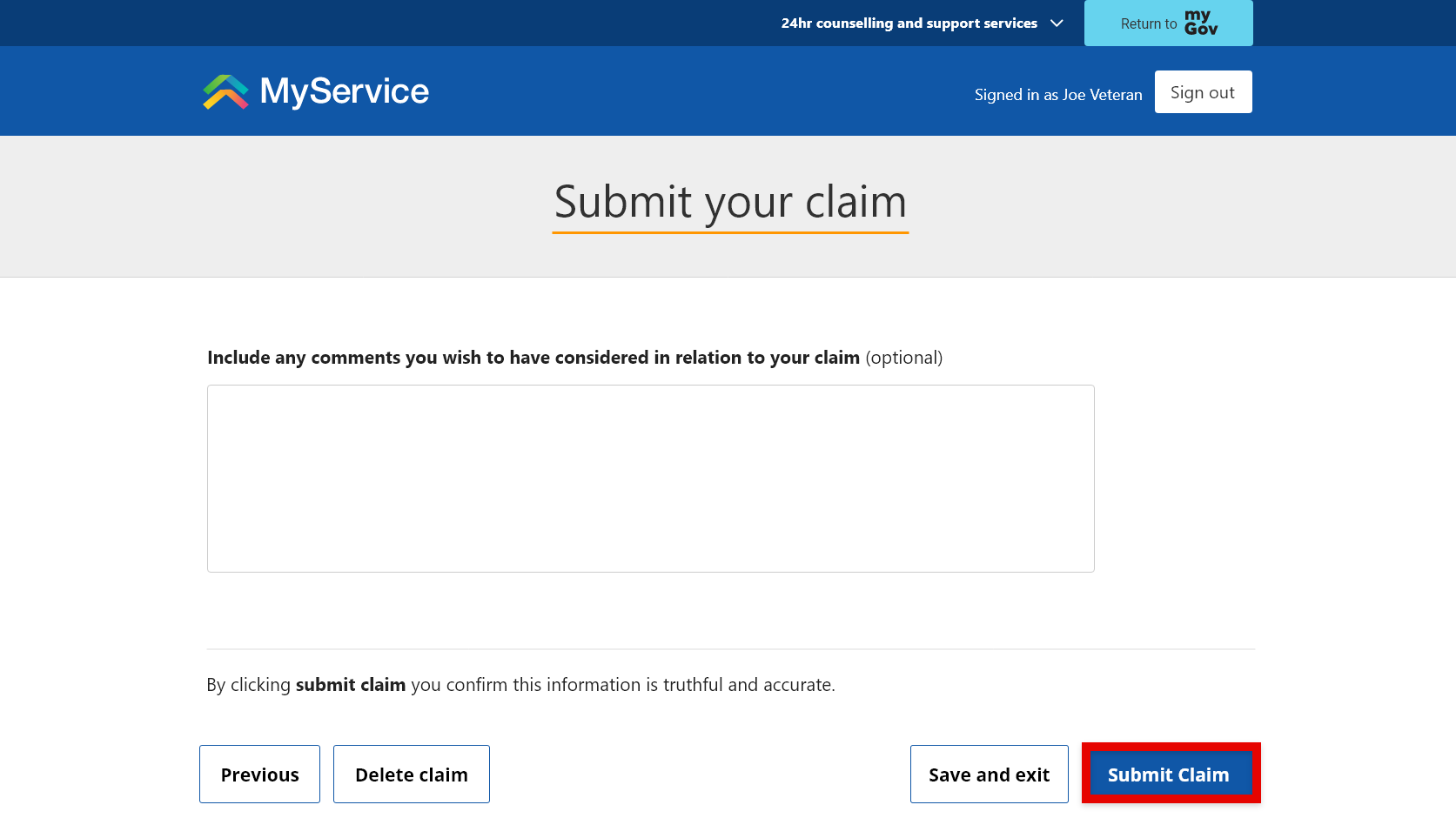 Submit your claim screen. 'Submit Claim' button selected.