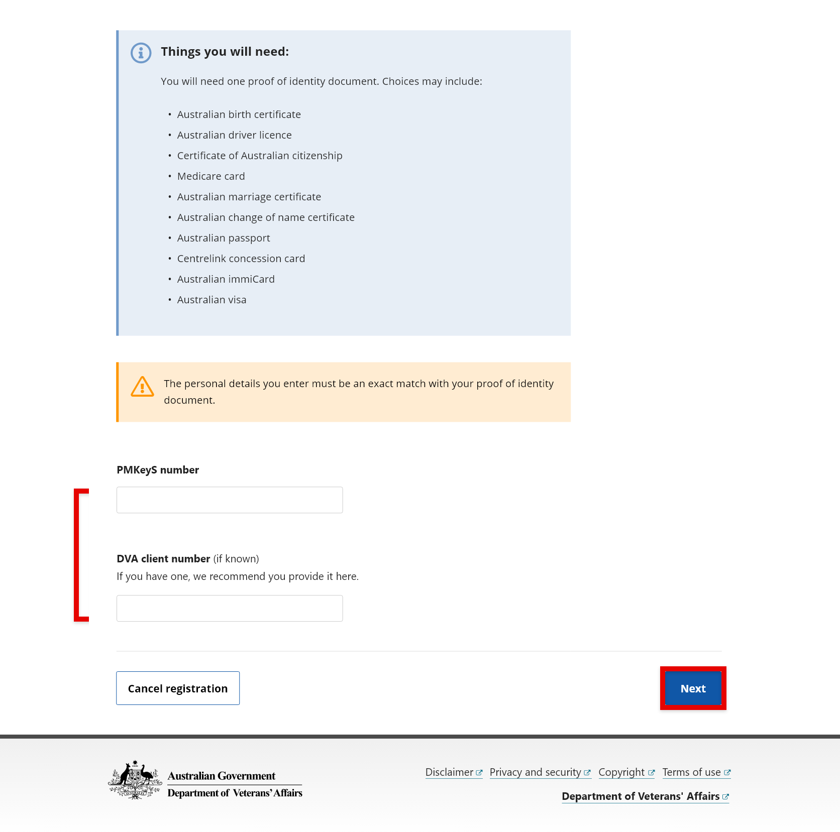 Screenshot to illustrate how to enter your PMKeyS, service or DVA client number as needed, and select Next.
