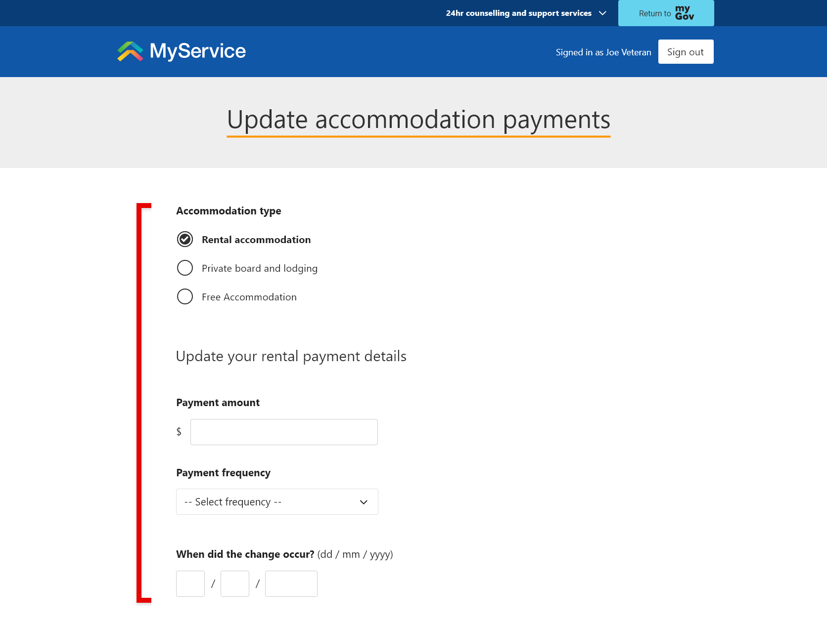 Update accommodation payments screen