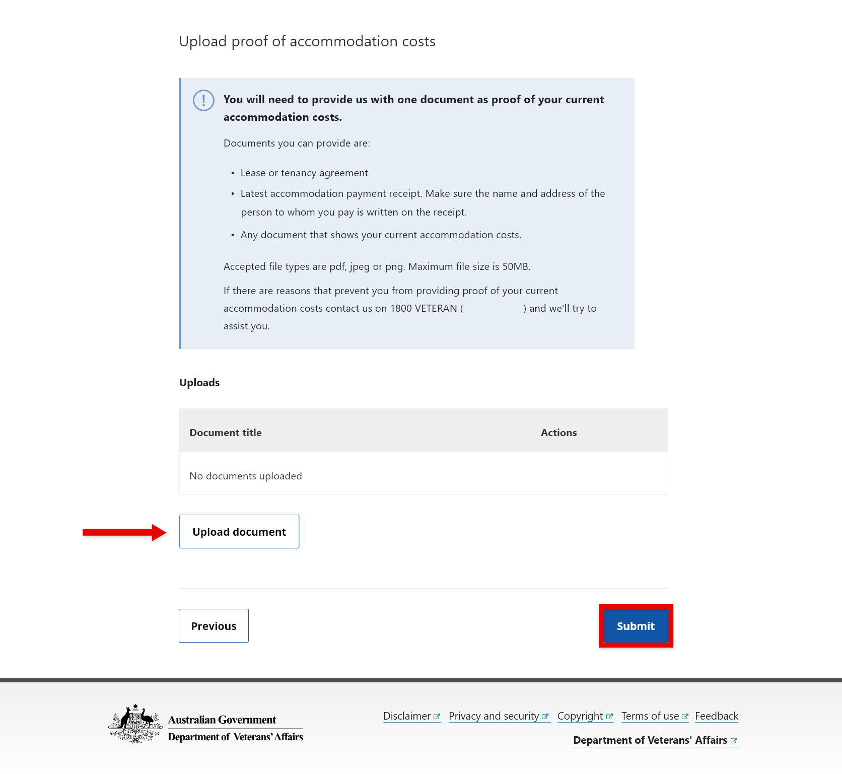 'Upload proof of accommodation costs' screen.