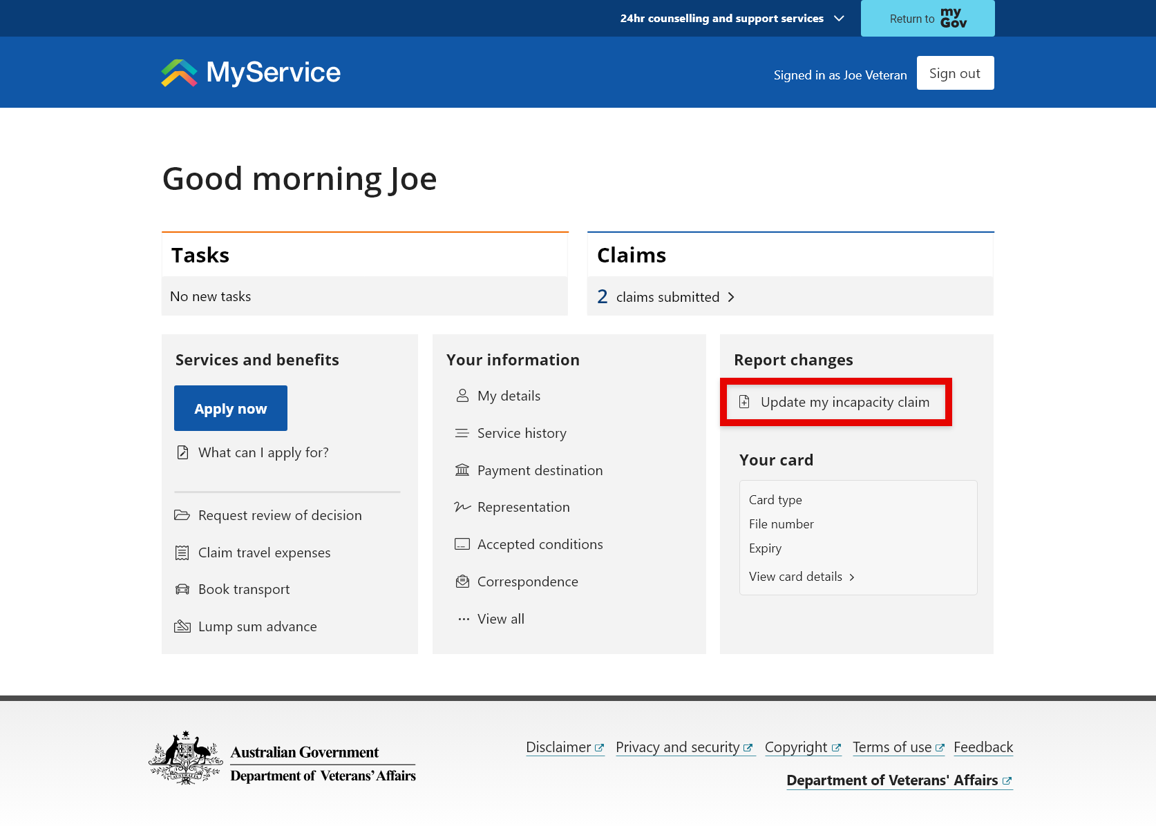 Home page screen. 'Update my incapacity claim' option selected.