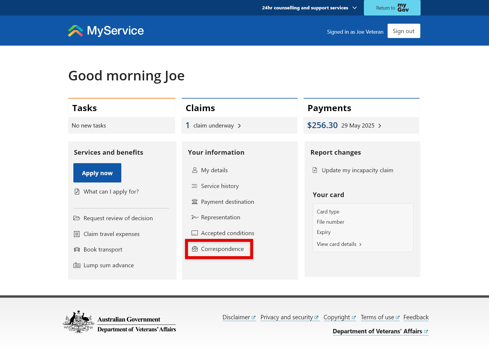 Screenshot showing how to find the Your information section and select Correspondence.