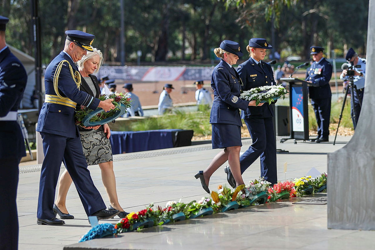 Chief of Air Force Air Marshal Mel Hupfeld AO DSC, his wife Mrs Louise Hupfeld, Warrant Officer of the Air Force Fiona Grasby OAM and Leading Aircraftwoman Victoria Farell lay wreaths during the Air Force Centenary Commemorative Ceremony at the Air Force Memorial on Anzac Parade, Canberra