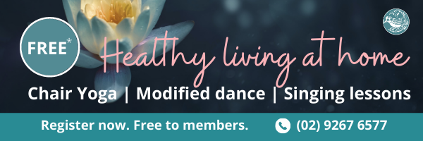 Poster with the words Free Health living at home: chair yoga, modified dance, singing lessons. 